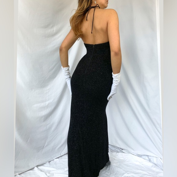 Black vintage y2k goth glitter halter prom dress gown with fishtail train - Picture 2 of 5